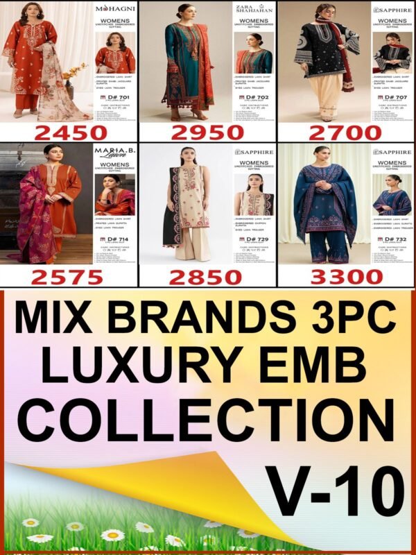 MIX BRANDS 3PC EMBROIDERED LUXURY DESIGNER LAWN VOL-10-Set Of 6  Dresses