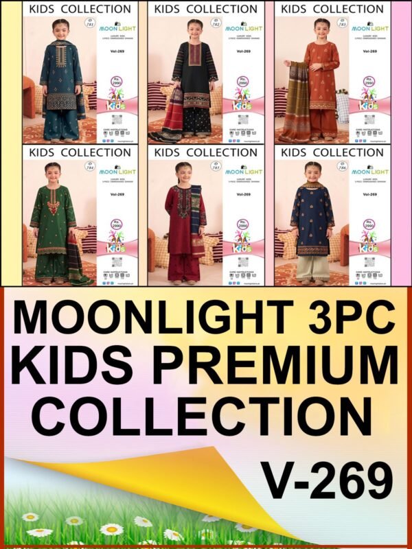 MOONLIGHT KIDS 3PC DHANAK EMBROIDERED WITH 3D PASHMINA SHAWL VOL-269-Set Of 06 Dresses