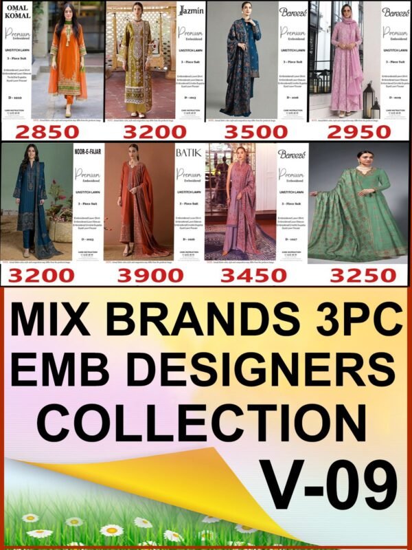 MIX BRANDS 3PC EMBROIDERED LUXURY DESIGNER LAWN VOL-09-Set Of 8 Dresses