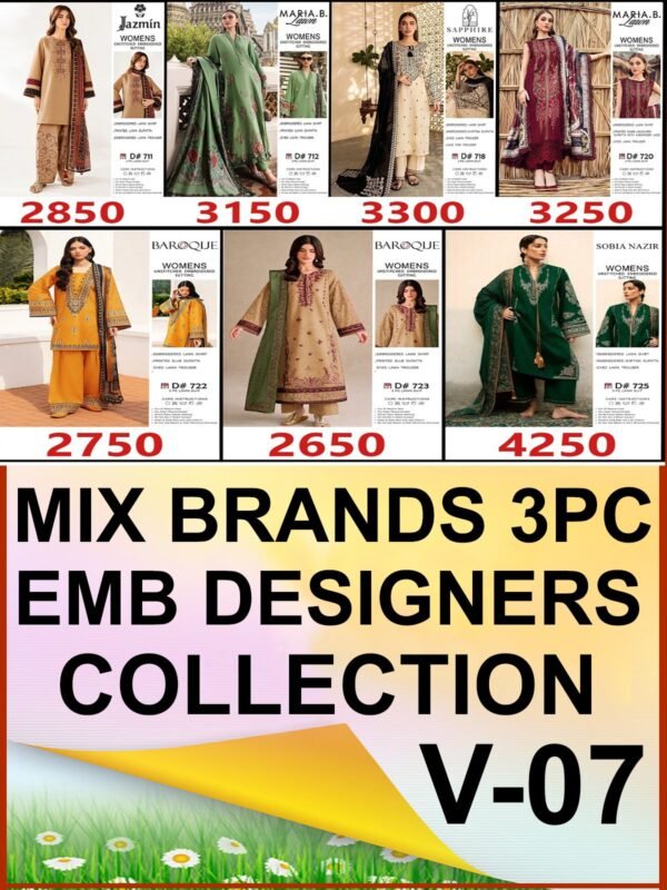 MIX BRANDS 3PC EMBROIDERED LUXURY DESIGNER LAWN VOL-07-Set Of 7 Dressses