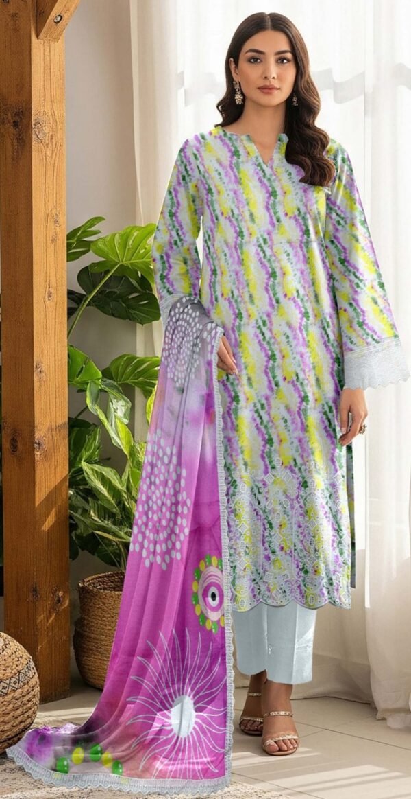 WHITE DIAMOND 3PC EMBR BOARING LAWN 4-BORDER LACE DUPATTA VOL-240-D-557