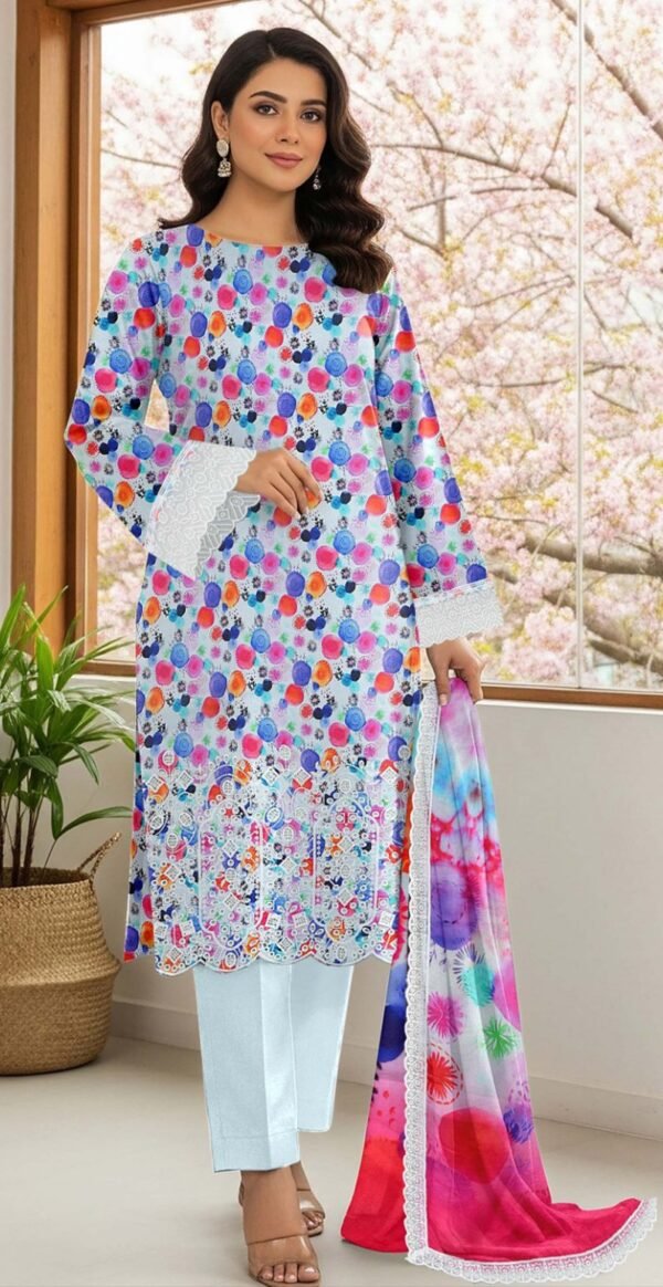 WHITE DIAMOND 3PC EMBR BOARING LAWN 4-BORDER LACE DUPATTA VOL-240-D-551