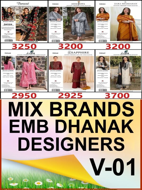 MIX BRANDS 3PC EMBROIDERED LUXURY DESIGNER DHANAK VOL-01-Set Of 06 Dresses