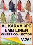 ALKARAM 3PC DIGITAL PRINTED DAMAN BOARING APLIC WORK EMBROIDERED LINEN VOL-261-Set Of 08 Dresses