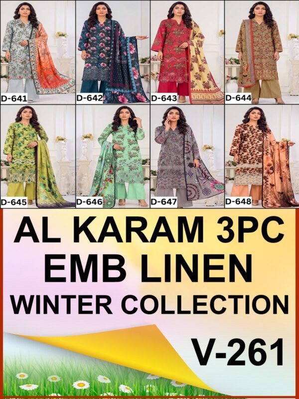 ALKARAM 3PC DIGITAL PRINTED DAMAN BOARING APLIC WORK EMBROIDERED LINEN VOL-261-Set Of 08 Dresses