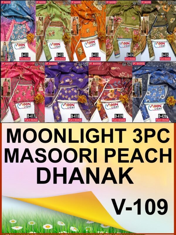 MASOORI 3PC PEACH DHANAK ALL OVER DIGITAL PRINTED VOL-109-Set Of 09 Dresses
