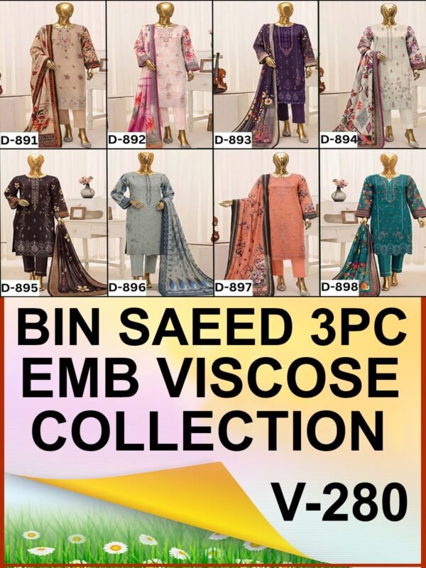 BIN SAEED 3PC DAMAN BOARING EMBROIDERED BANA DORA VISCOSE DESIGNER VOL-280-Set Of 08 Dresses