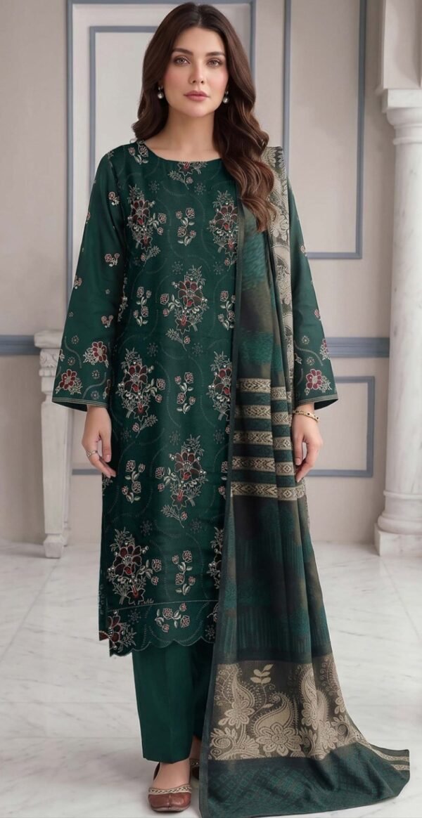 DHANAK 3PC EMBROIDERED SEQUIN MINAHIL ZAREEN JACQUARD WOOL SHAWL DESIGNER VOL-265-D-742