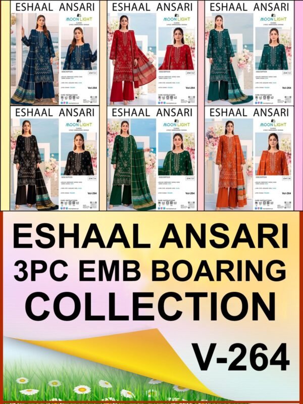 DHANAK 3PC BOARING WORK ESHAAL ANSARI SEQUIN DAMAN DESIGNER VOL-264-Set Of 06 Dresses