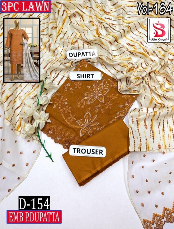 BIN SAEED 3PC LAWN CUTWORK EMBROIDERED SEQUIN DIGITAL PRINTED VOL-184-D-154