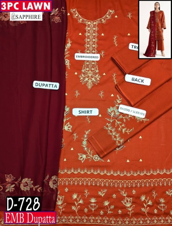 MIX BRANDS 3PC EMBROIDERED LUXURY DESIGNER LAWN VOL-08-D#728