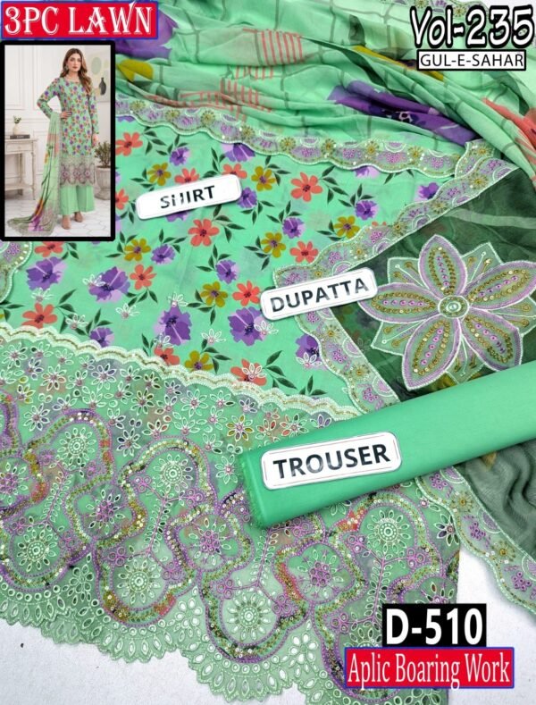 GUL E SAHAR 3PC EMBROIDERED DIGITAL PRINT APLIC WORK LAWN VOL-235-Set Of 10 Dresses