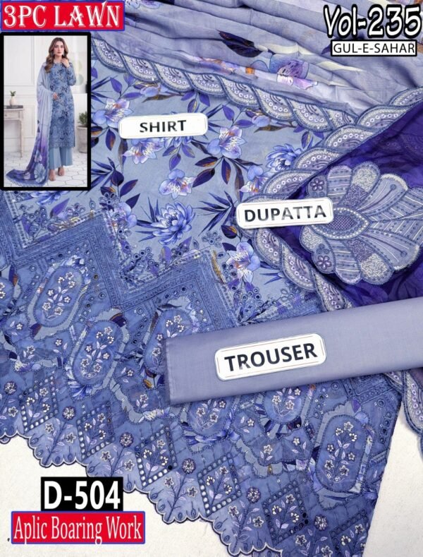 GUL E SAHAR 3PC EMBROIDERED DIGITAL PRINT APLIC WORK LAWN VOL-235-Set Of 10 Dresses