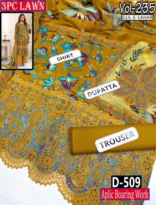 GUL E SAHAR 3PC EMBROIDERED DIGITAL PRINT APLIC WORK LAWN VOL-235-Set Of 10 Dresses