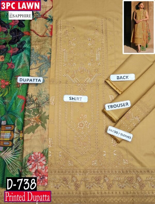 MIX BRANDS 3PC EMBROIDERED LUXURY DESIGNER LAWN VOL-16-D#738
