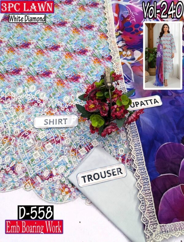 WHITE DIAMOND 3PC EMBR BOARING LAWN 4-BORDER LACE DUPATTA VOL-240-D-558