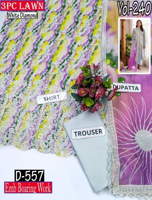 WHITE DIAMOND 3PC EMBR BOARING LAWN 4-BORDER LACE DUPATTA VOL-240-D-557
