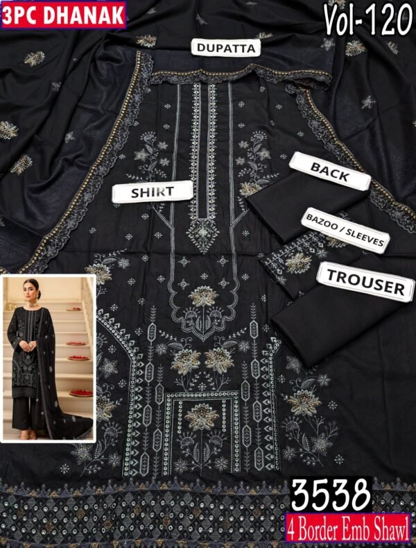 MOONLIGHT 3PC EMBROIDERED DAMAN DHANAK 04 BORDER JACQUARD SHAWL VOL-120-D-3538