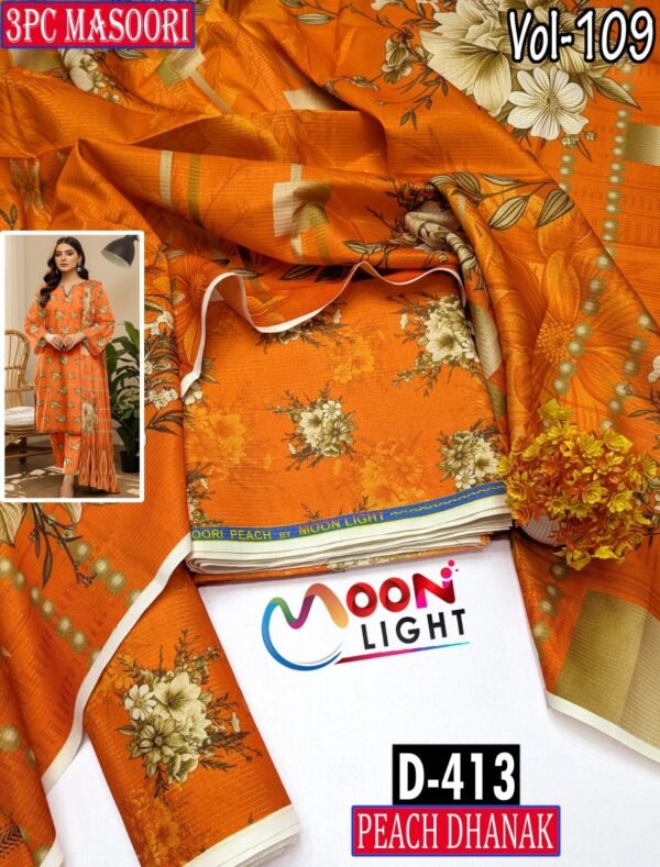 MASOORI 3PC PEACH DHANAK ALL OVER DIGITAL PRINTED VOL-109-Set Of 09 Dresses