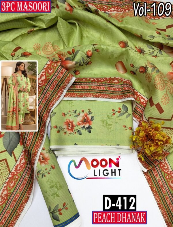 MASOORI 3PC PEACH DHANAK ALL OVER DIGITAL PRINTED VOL-109-Set Of 09 Dresses