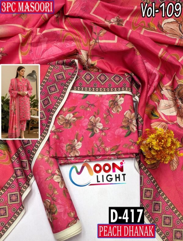 MASOORI 3PC PEACH DHANAK ALL OVER DIGITAL PRINTED VOL-109-Set Of 09 Dresses