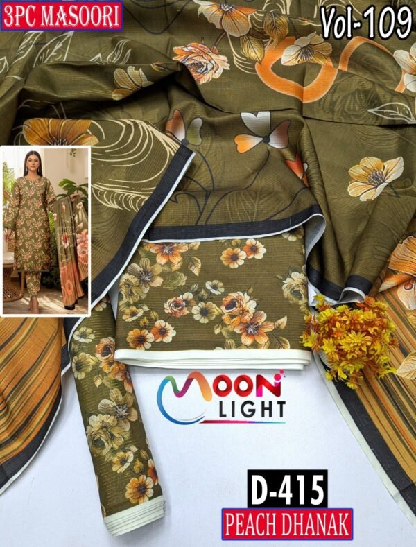 MASOORI 3PC PEACH DHANAK ALL OVER DIGITAL PRINTED VOL-109-Set Of 09 Dresses