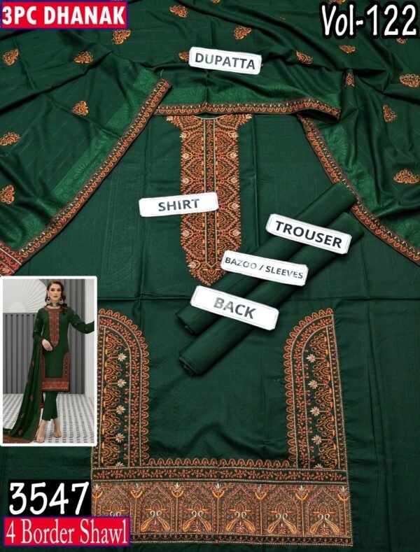 MOONLIGHT 3PC EMBROIDERED DAMAN DHANAK 04 BORDER JACQUARD SHAWL VOL-122-Set Of 06 Dresses