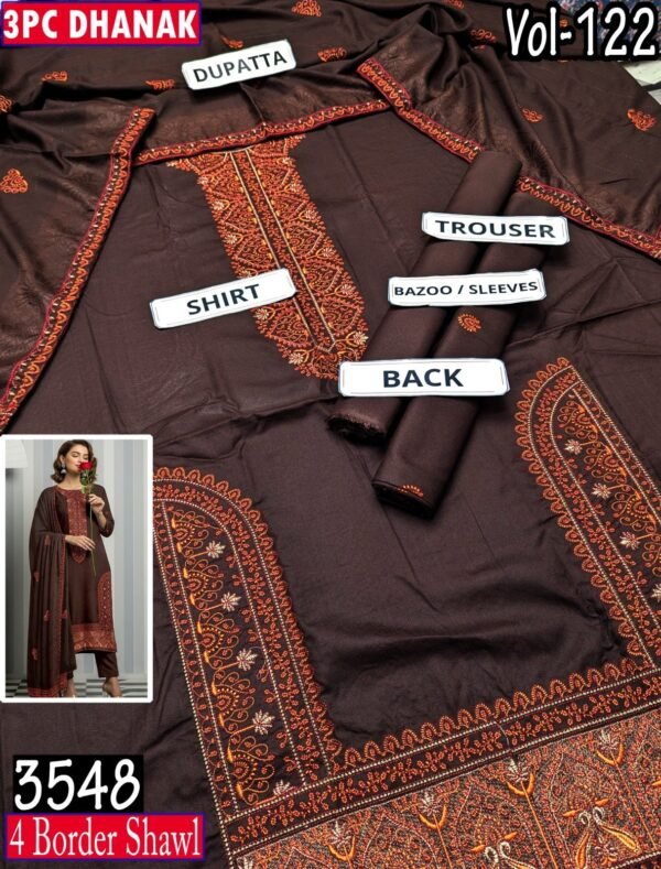 MOONLIGHT 3PC EMBROIDERED DAMAN DHANAK 04 BORDER JACQUARD SHAWL VOL-122-3548