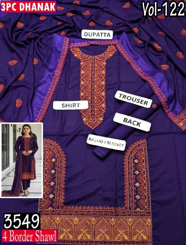 MOONLIGHT 3PC EMBROIDERED DAMAN DHANAK 04 BORDER JACQUARD SHAWL VOL-122-Set Of 06 Dresses