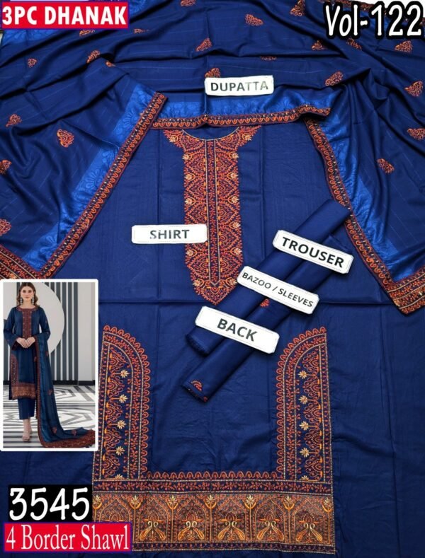 MOONLIGHT 3PC EMBROIDERED DAMAN DHANAK 04 BORDER JACQUARD SHAWL VOL-122-Set Of 06 Dresses