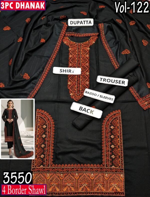 MOONLIGHT 3PC EMBROIDERED DAMAN DHANAK 04 BORDER JACQUARD SHAWL VOL-122-Set Of 06 Dresses