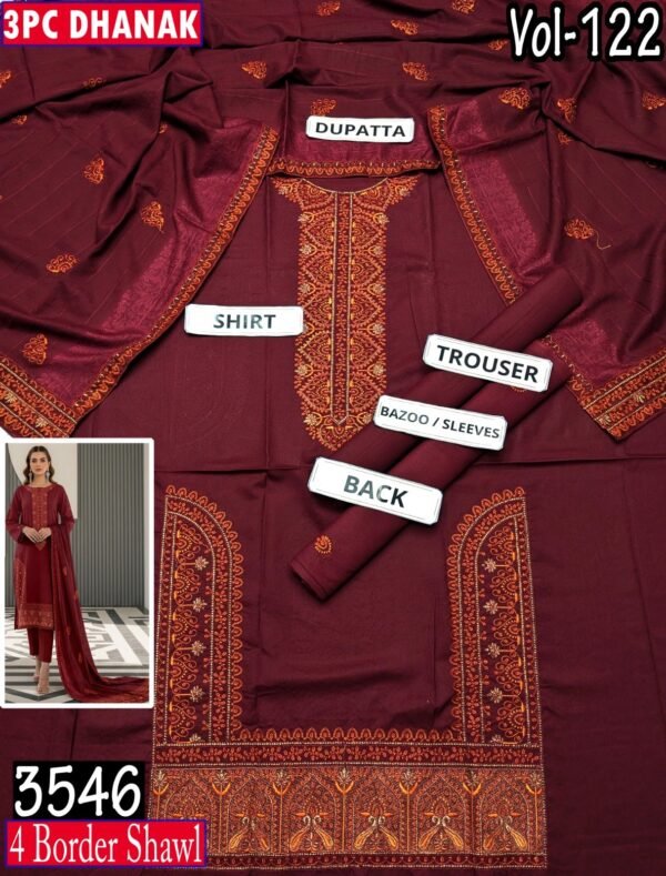 MOONLIGHT 3PC EMBROIDERED DAMAN DHANAK 04 BORDER JACQUARD SHAWL VOL-122-Set Of 06 Dresses