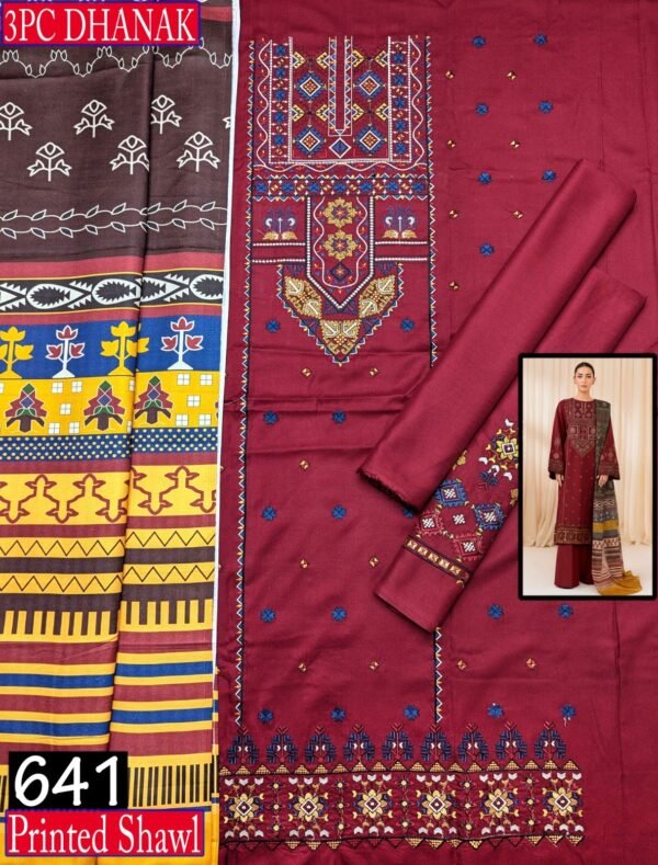 MIX BRANDS 3PC EMBROIDERED LUXURY DESIGNER DHANAK VOL-01-D#641