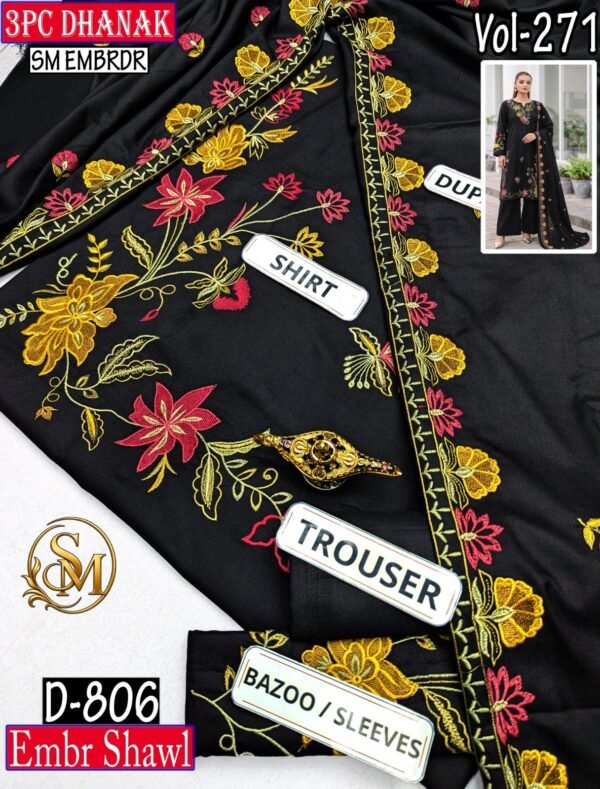 SM 3PC EMBROIDERED DHANAK PREMIUM EMBR SHAWL WINTER VOL-271-Set Of 06 Dresses