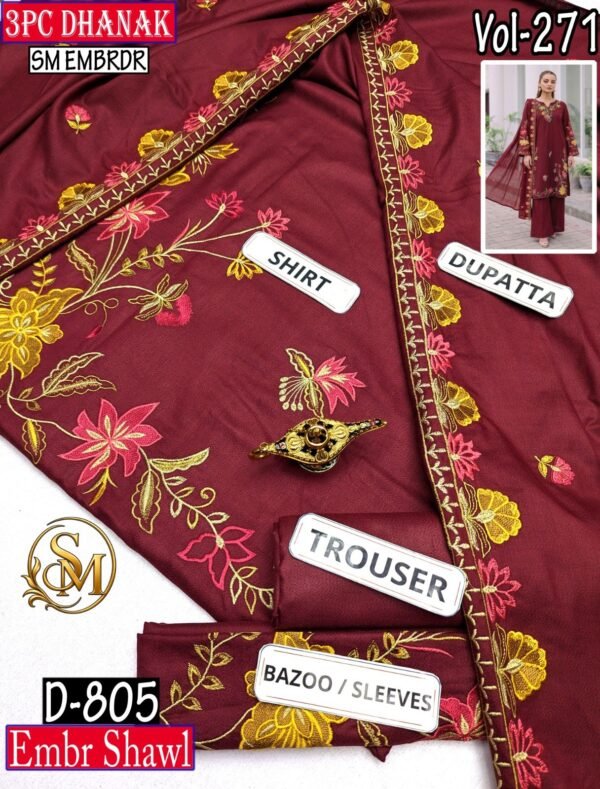 SM 3PC EMBROIDERED DHANAK PREMIUM EMBR SHAWL WINTER VOL-271-Set Of 06 Dresses