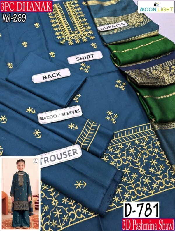 MOONLIGHT KIDS 3PC DHANAK EMBROIDERED WITH 3D PASHMINA SHAWL VOL-269-Set Of 06 Dresses