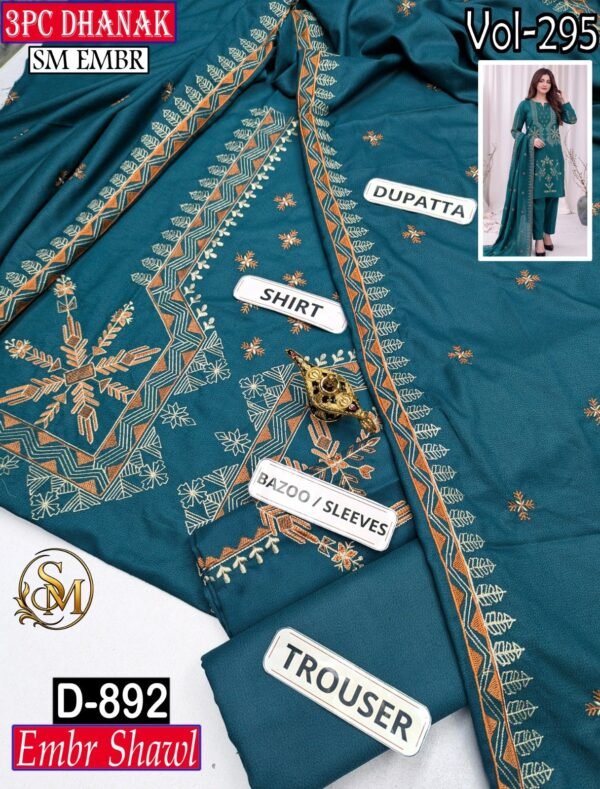 SM 3PC EMBROIDERED DHANAK PREMIUM EMBR SHAWL WINTER VOL-295-Set Of 06 Dresses