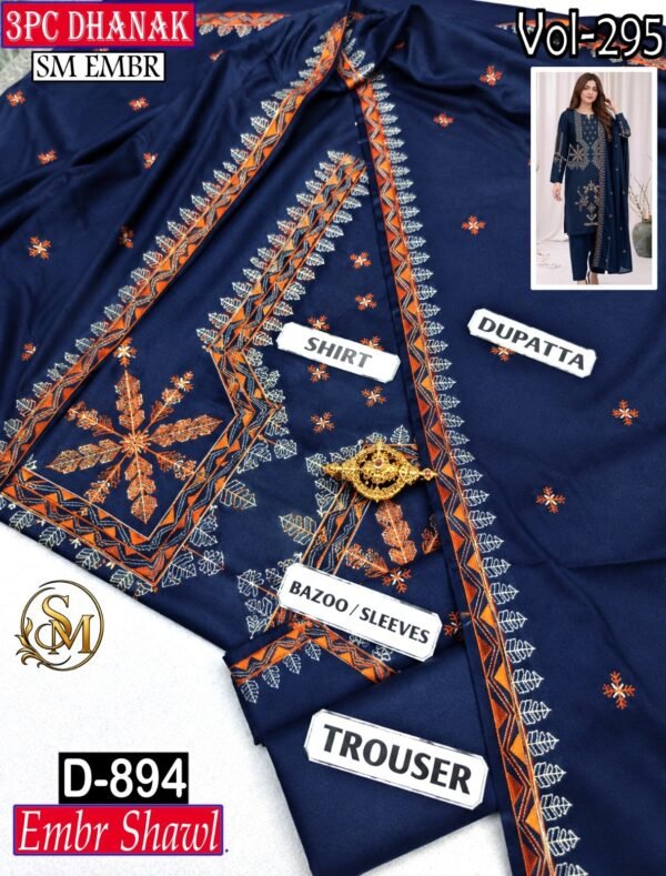 SM 3PC EMBROIDERED DHANAK PREMIUM EMBR SHAWL WINTER VOL-295-Set Of 06 Dresses