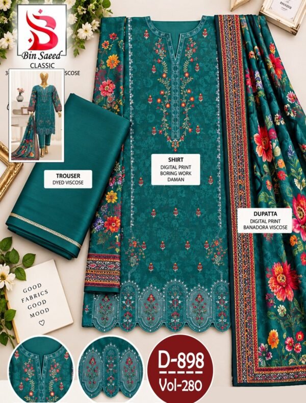 BIN SAEED 3PC DAMAN BOARING EMBROIDERED BANA DORA VISCOSE DESIGNER VOL-280-Set Of 08 Dresses