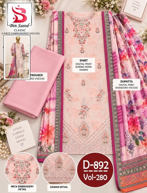 BIN SAEED 3PC DAMAN BOARING EMBROIDERED BANA DORA VISCOSE DESIGNER VOL-280-Set Of 08 Dresses