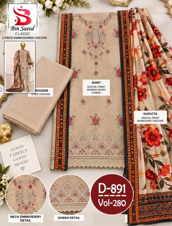 BIN SAEED 3PC DAMAN BOARING EMBROIDERED BANA DORA VISCOSE DESIGNER VOL-280-Set Of 08 Dresses
