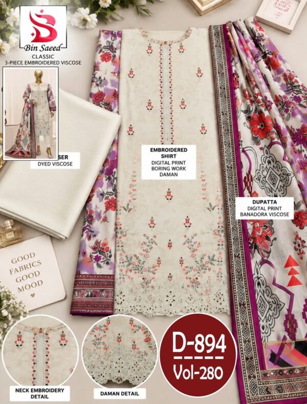 BIN SAEED 3PC DAMAN BOARING EMBROIDERED BANA DORA VISCOSE DESIGNER VOL-280-Set Of 08 Dresses