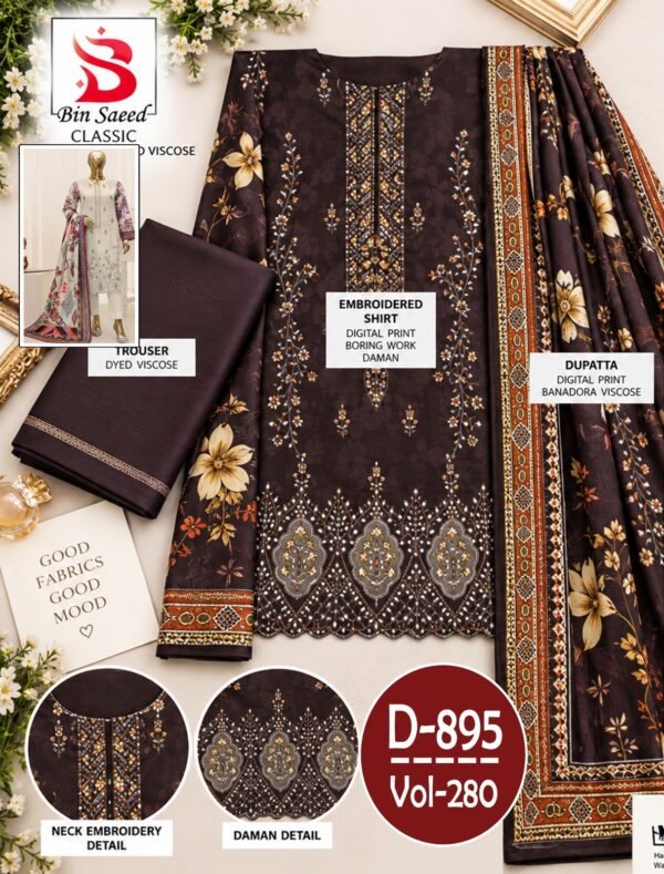BIN SAEED 3PC DAMAN BOARING EMBROIDERED BANA DORA VISCOSE DESIGNER VOL-280-Set Of 08 Dresses