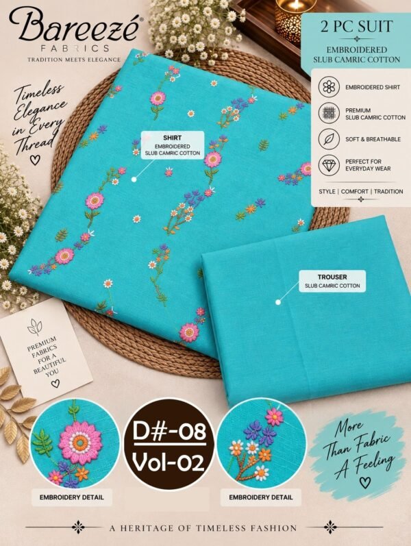 BAREEZE 2PC EMBROIDERED SLUB CAMBRIC COTTON COLLECTION VOL-02-D#-08
