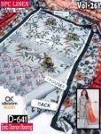 ALKARAM 3PC DIGITAL PRINTED DAMAN BOARING APLIC WORK EMBROIDERED LINEN VOL-261-Set Of 08 Dresses