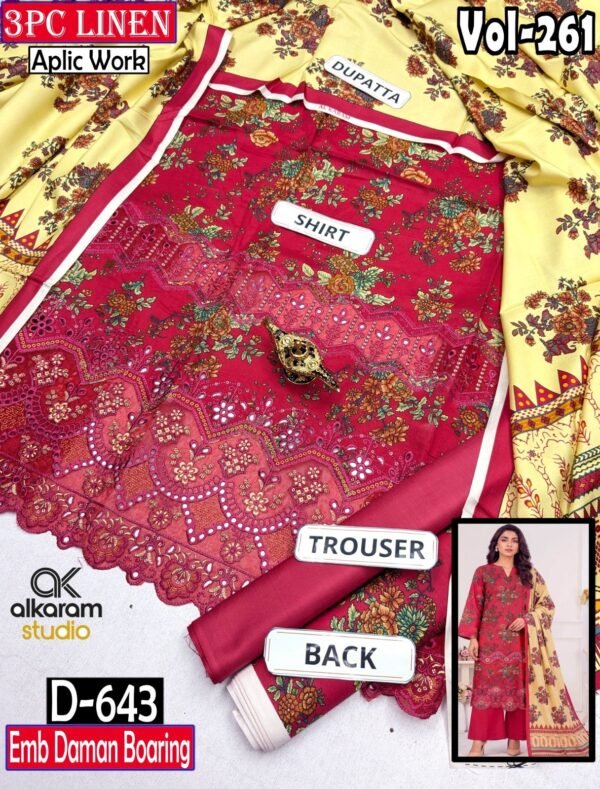 ALKARAM 3PC DIGITAL PRINTED DAMAN BOARING APLIC WORK EMBROIDERED LINEN VOL-261-Set Of 08 Dresses