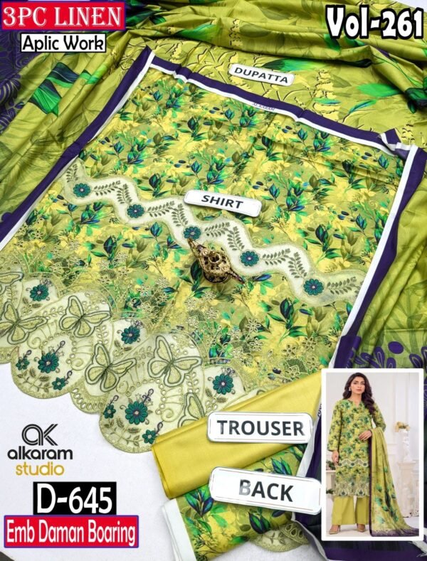 ALKARAM 3PC DIGITAL PRINTED DAMAN BOARING APLIC WORK EMBROIDERED LINEN VOL-261-Set Of 08 Dresses
