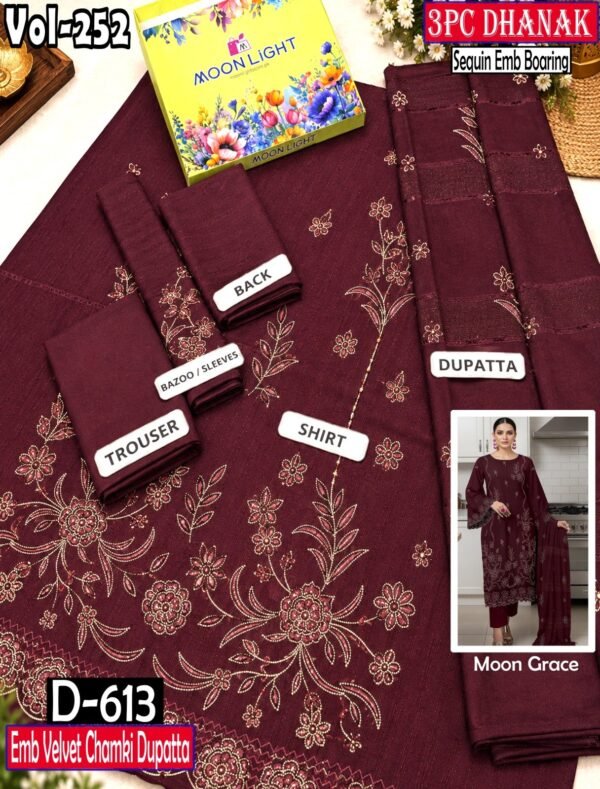 MOON GRACE 3PC EMBROIDERED SEQUIN BOARING CHAMKI DHANAK VOL-252-D#613