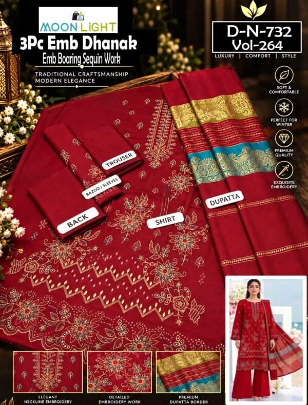 DHANAK 3PC BOARING WORK ESHAAL ANSARI SEQUIN DAMAN DESIGNER VOL-264-Set Of 06 Dresses