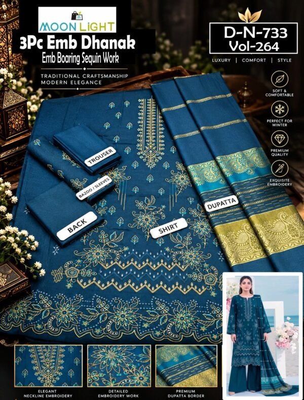 DHANAK 3PC BOARING WORK ESHAAL ANSARI SEQUIN DAMAN DESIGNER VOL-264-Set Of 06 Dresses
